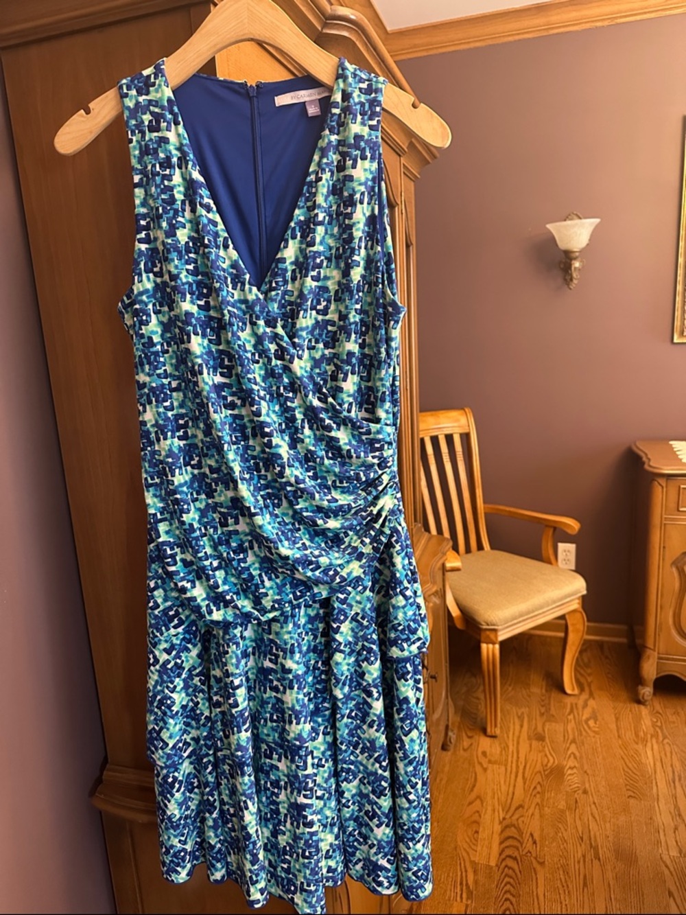 Carmen Marc Valvo Blue and Teal Mosaic Midi Dress